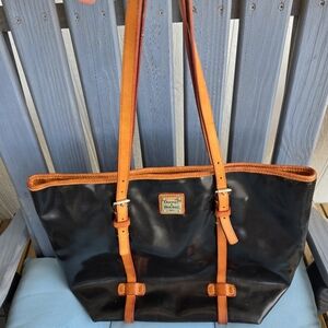 Dooney & Bourke Black Patent Leather w/Tan Leather Straps and Red Interior Great